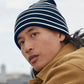 Soft White/French Navy original deep-cuffed striped beanie front view