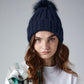 Navy verbier fur pop pom chunky beanie front view