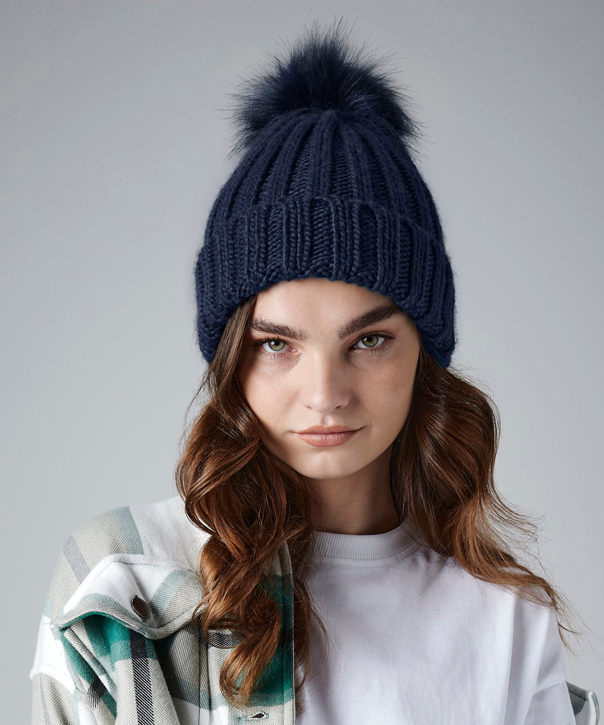 Navy verbier fur pop pom chunky beanie front view