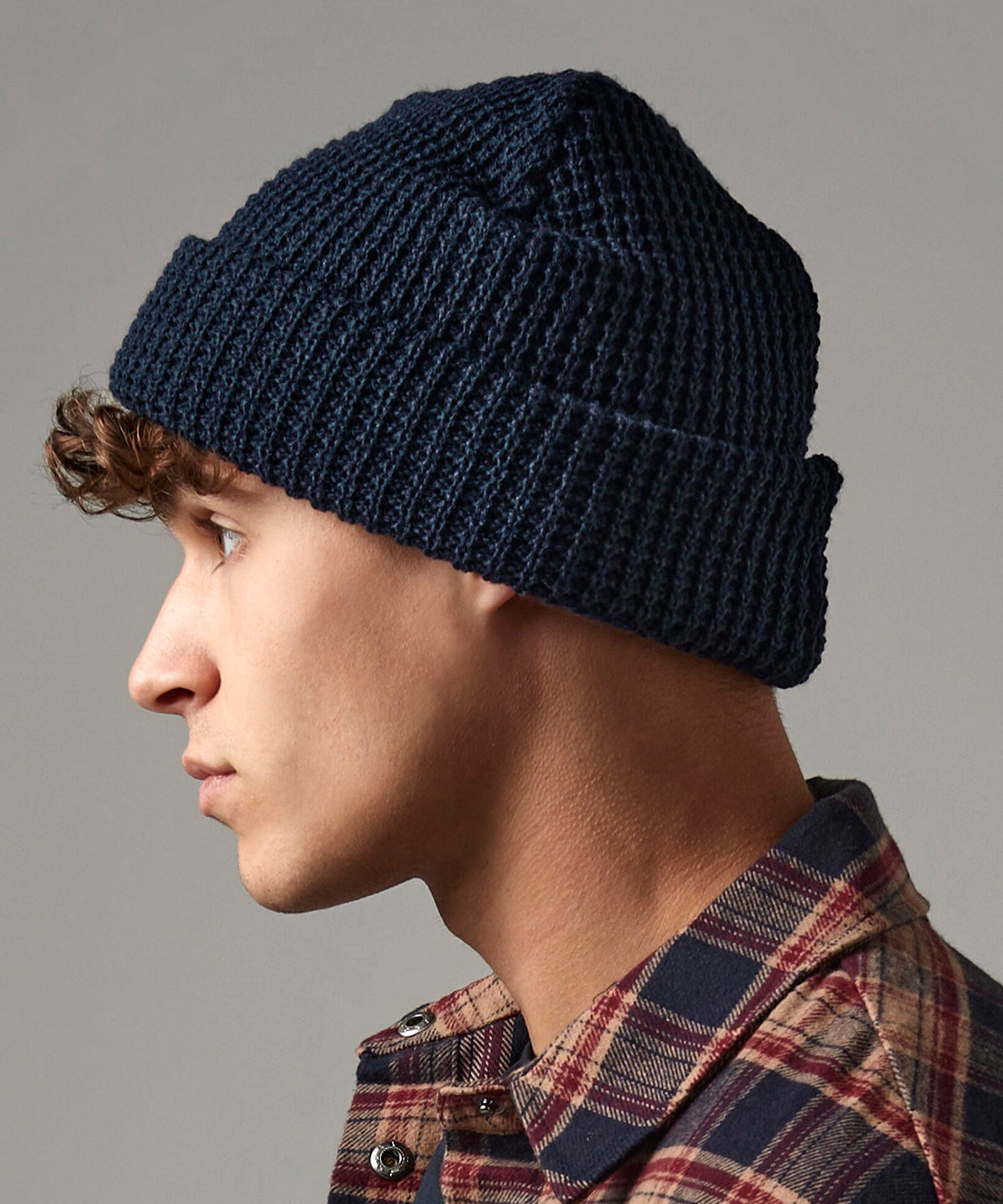 French Navy classic waffle knit beanie front view