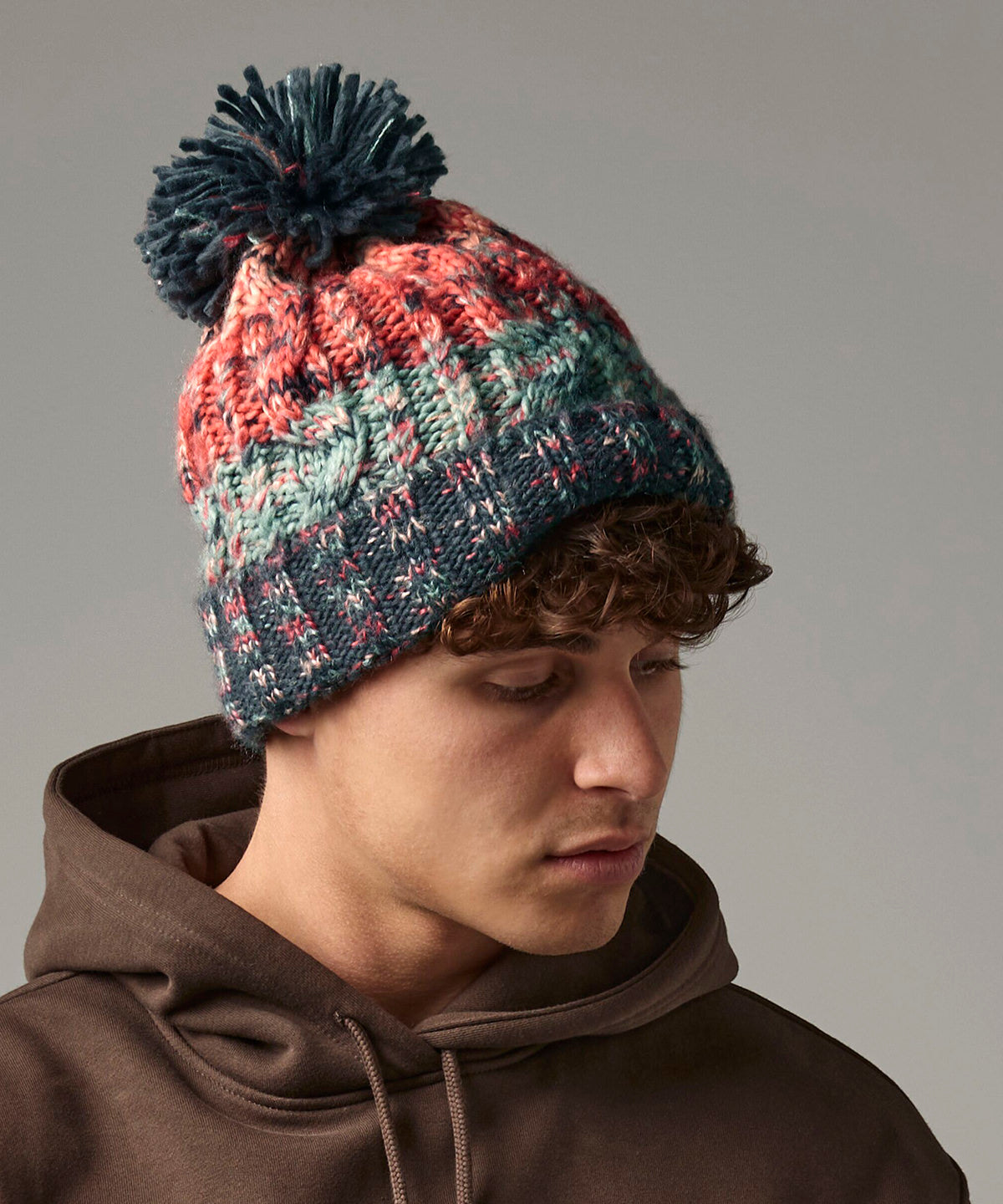 Winter Berries corkscrew pom pom beanie front view