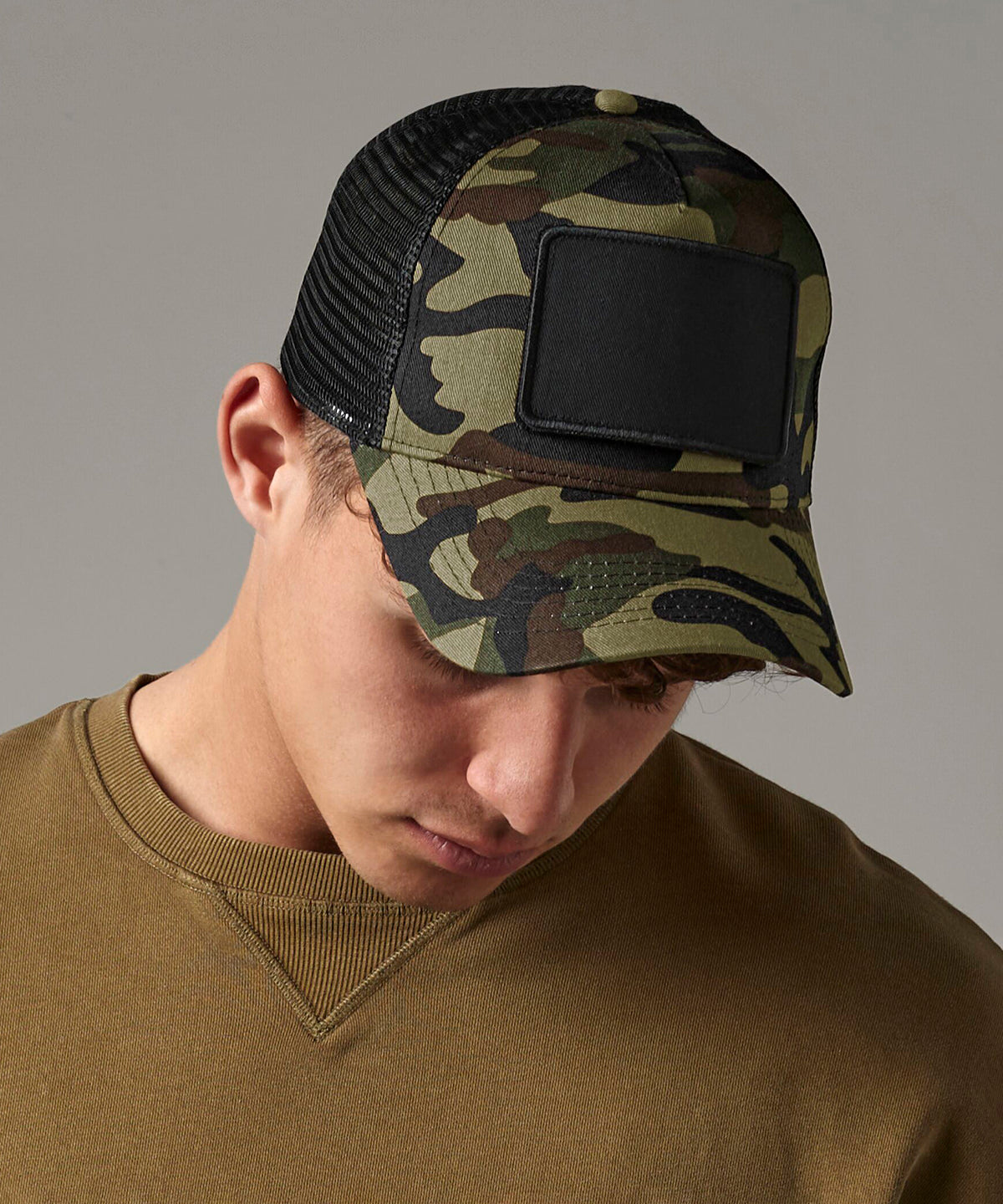 Military Green patch snapback trucker front view