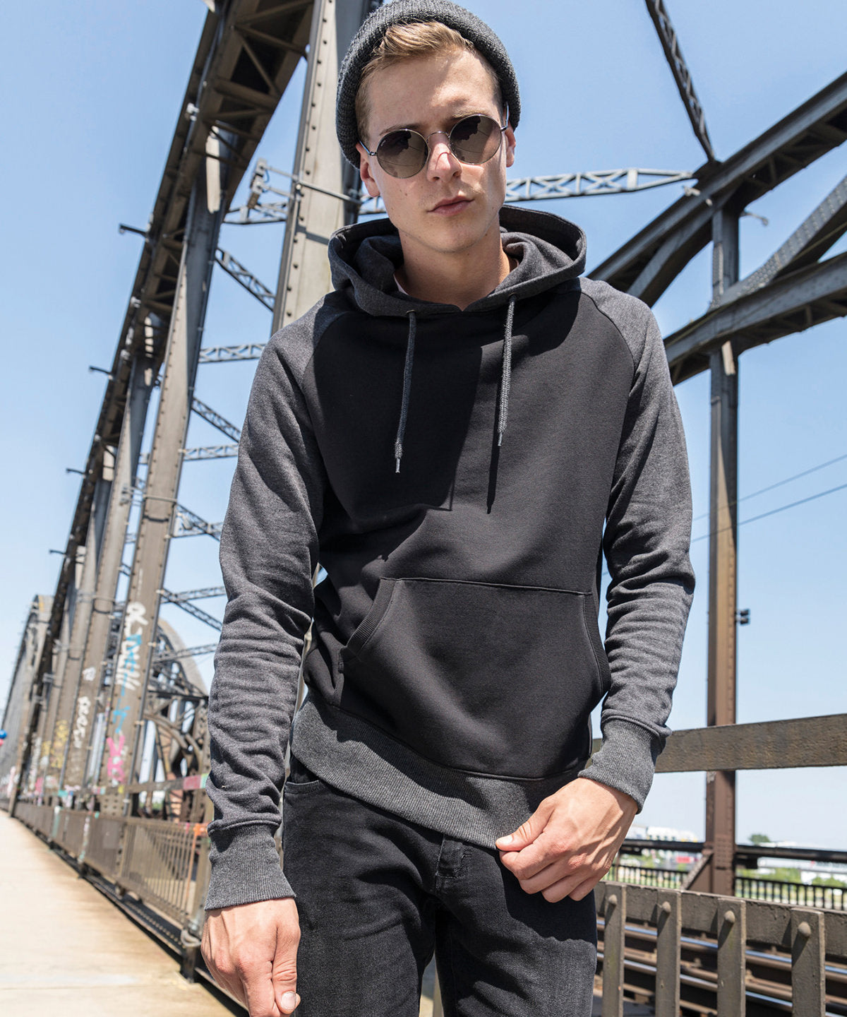 Grey/Black raglan hoodie front view