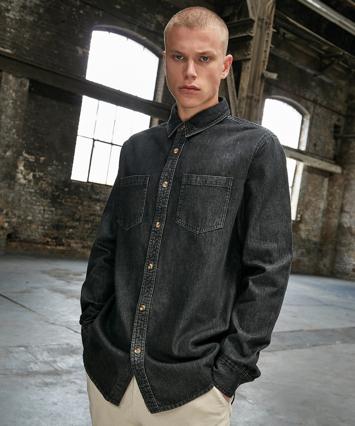 Black Washed denim shirt front view