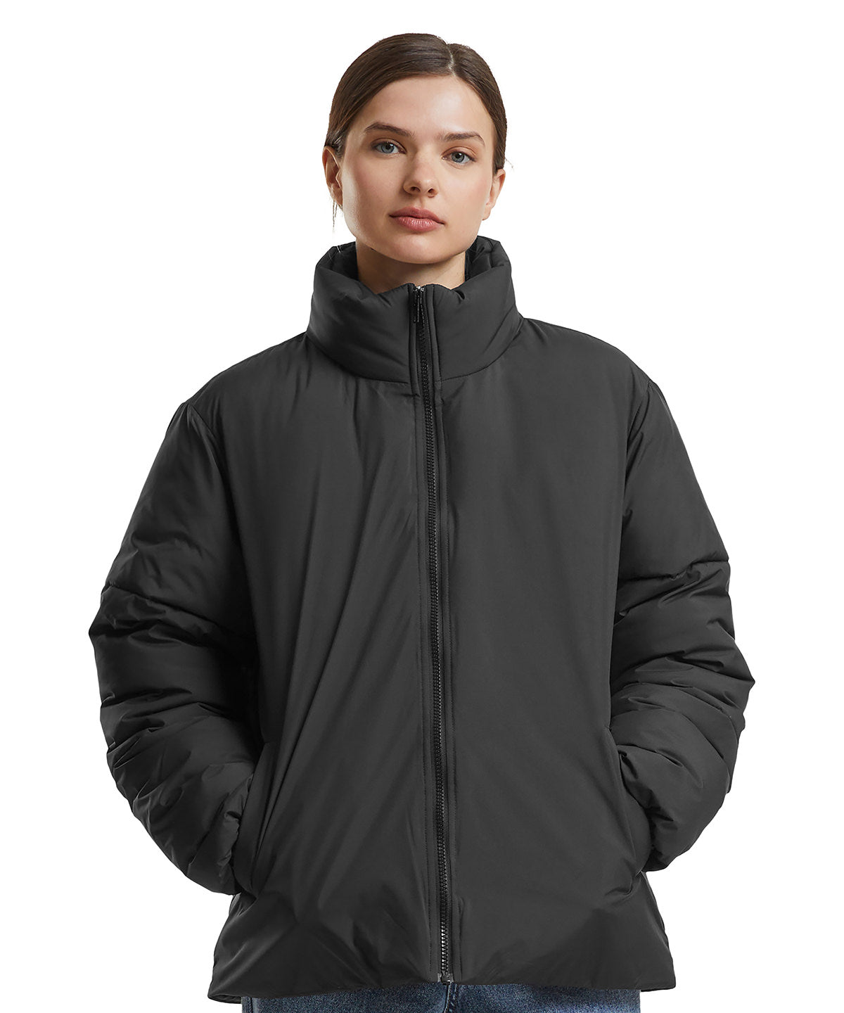 Black women’s loose puffer jacket front view