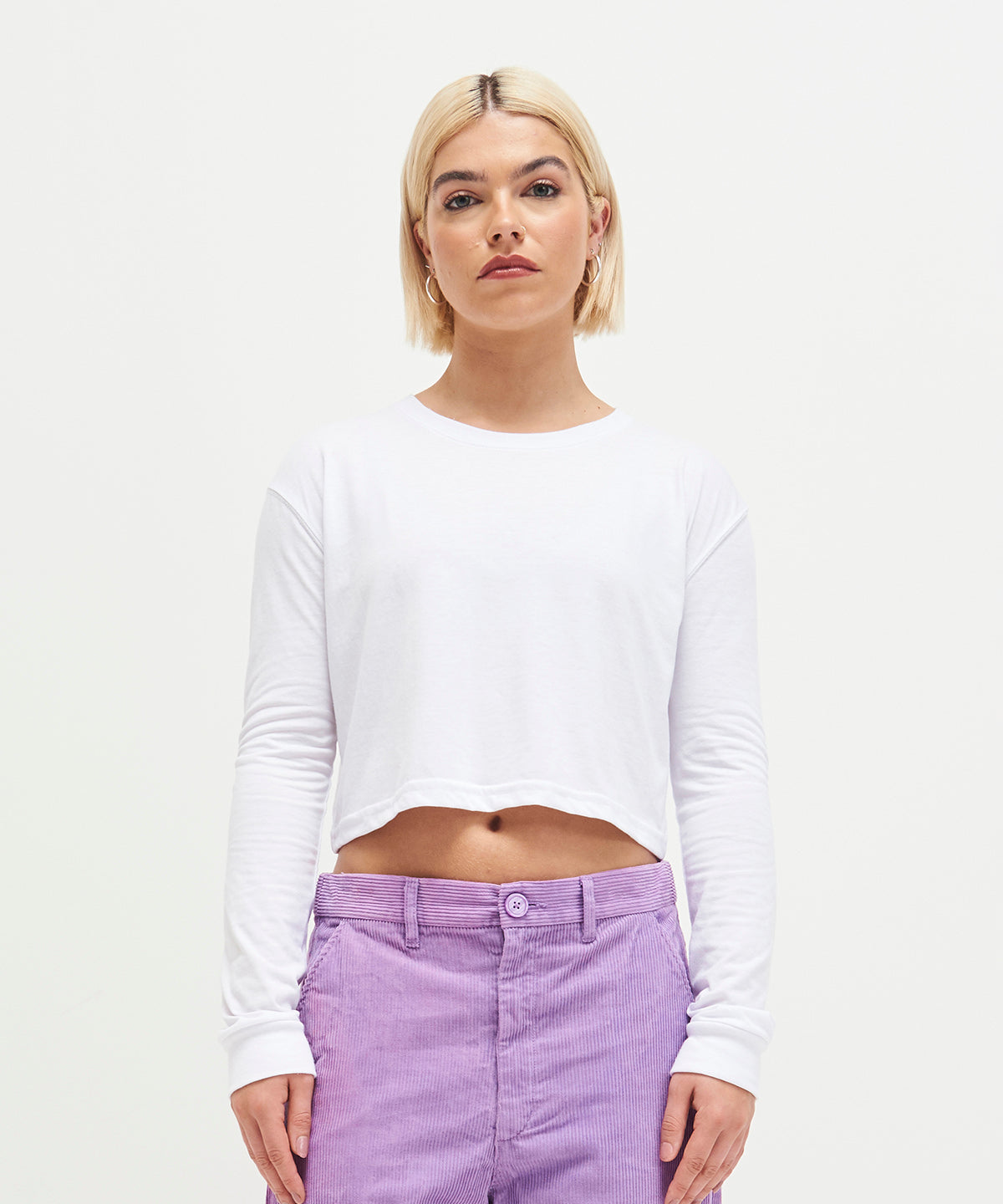 Solid White Women's long sleeve cropped t front view