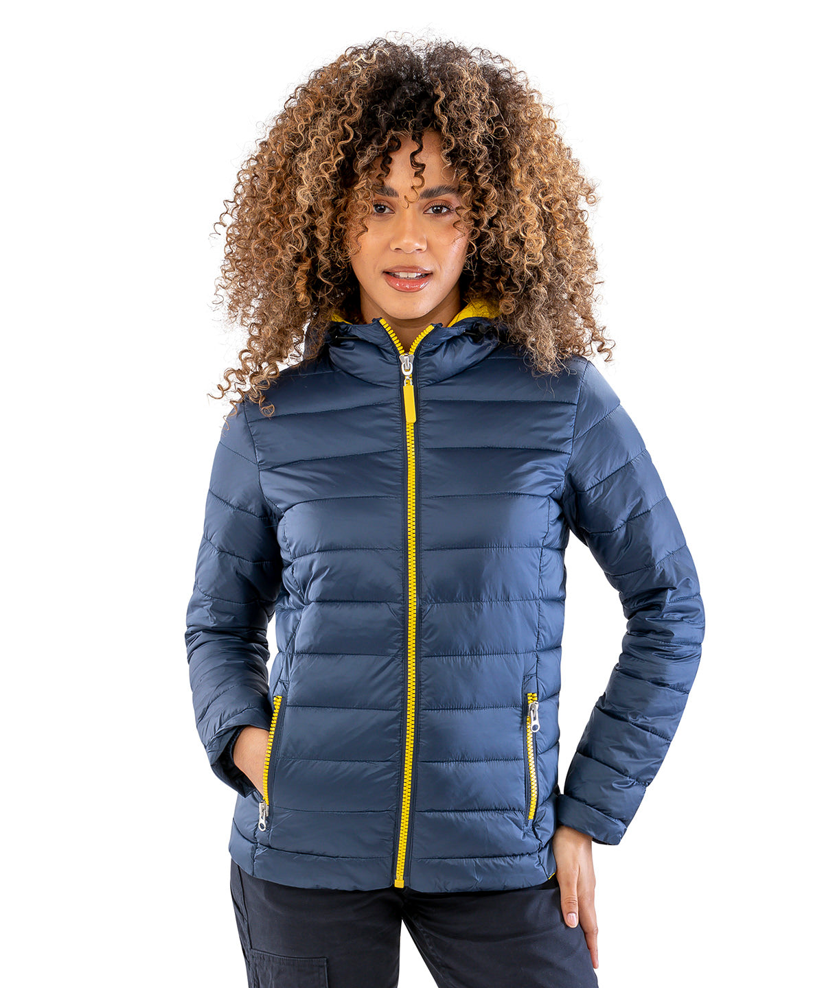 Navy/Yellow Women's urban snow bird hooded jacket front view