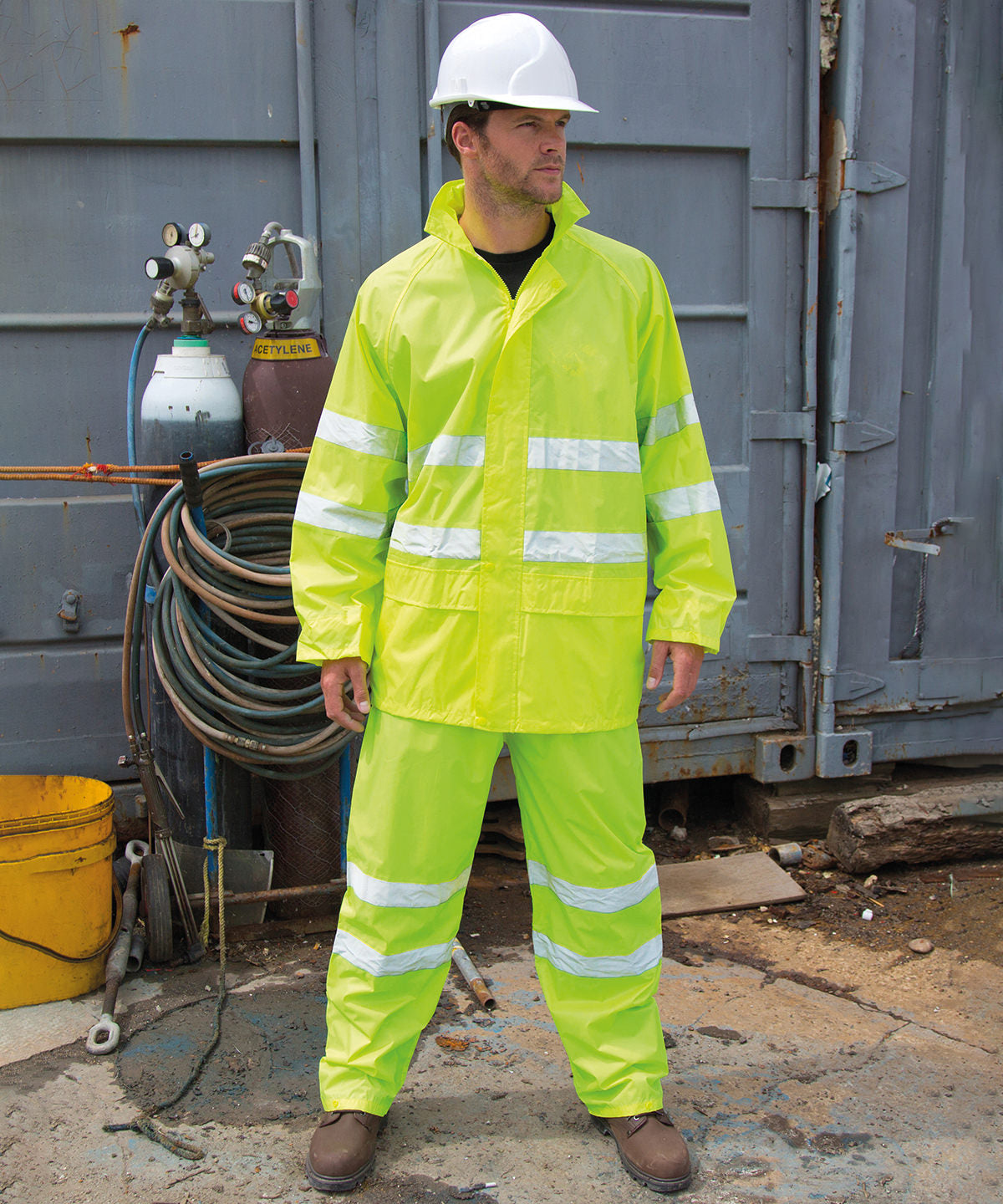 Yellow high-viz waterproof suit front view