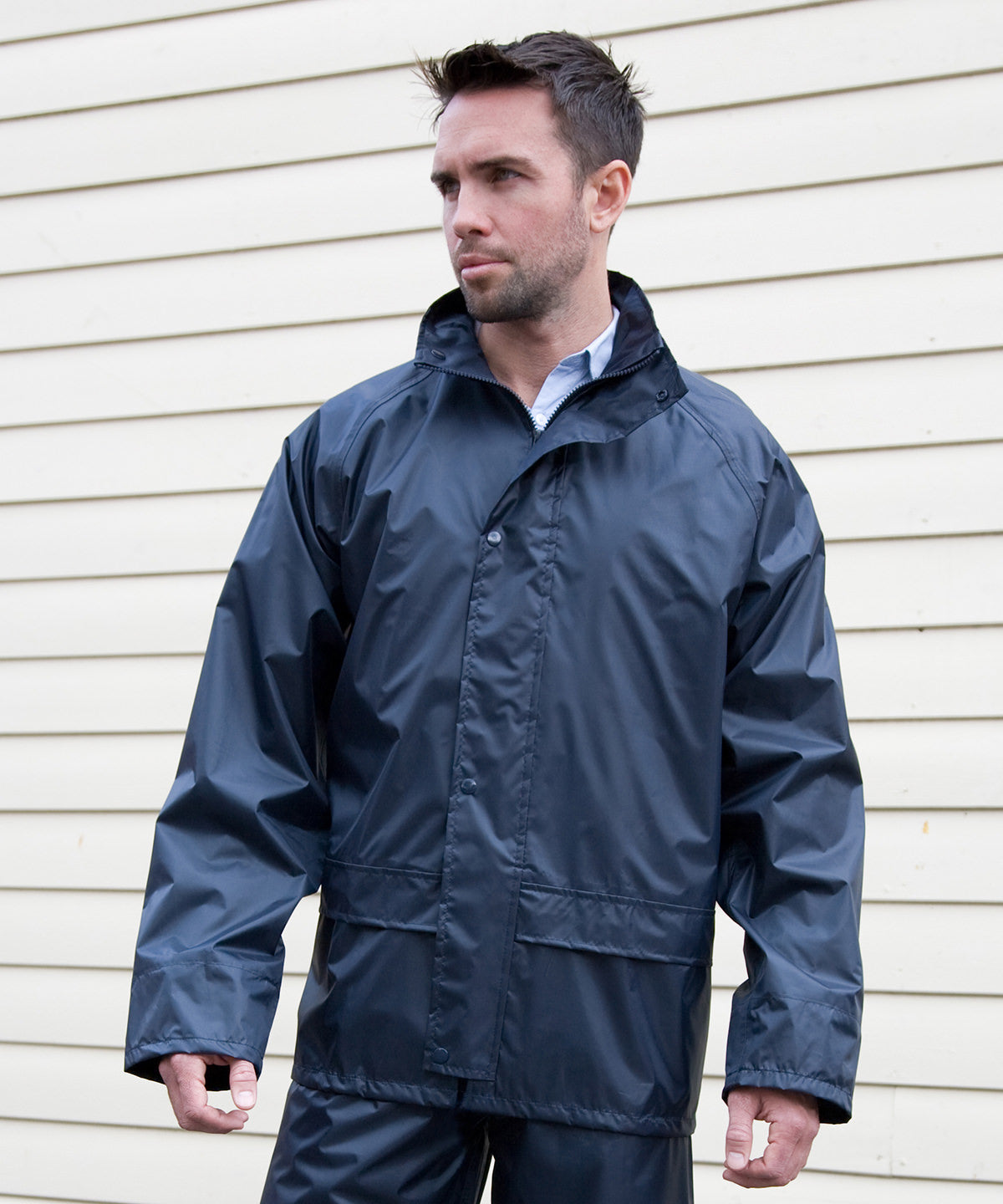 Navy core rain jacket front view