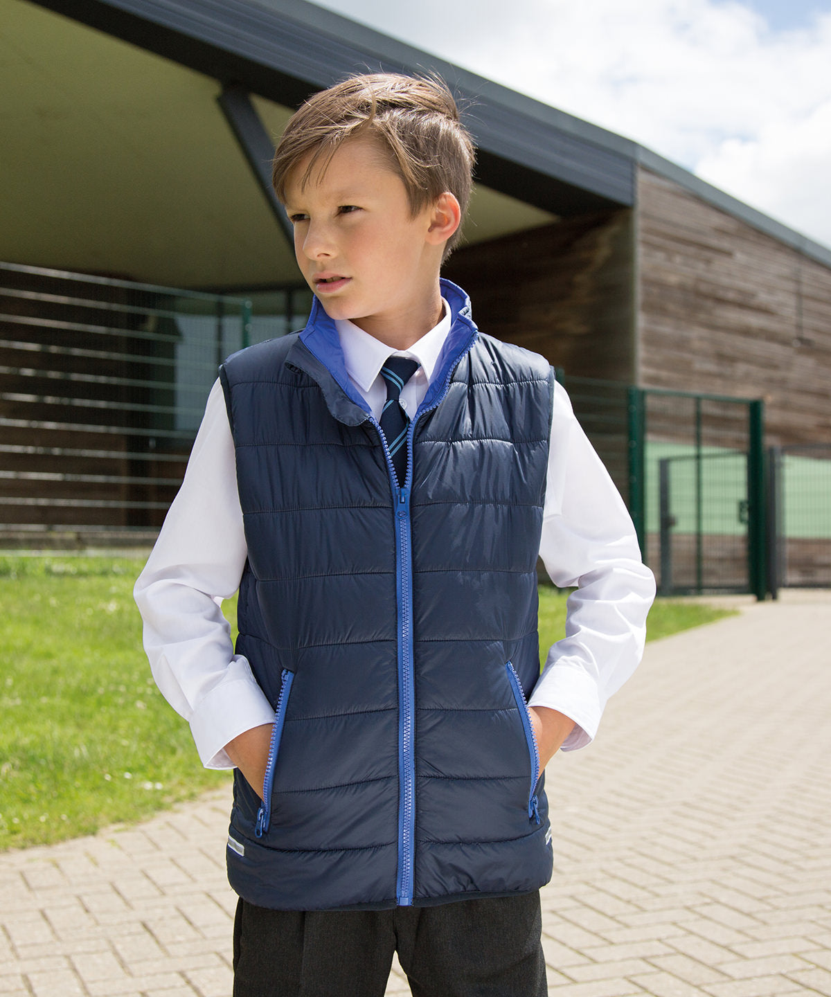 Royal/Navy core junior bodywarmer front view