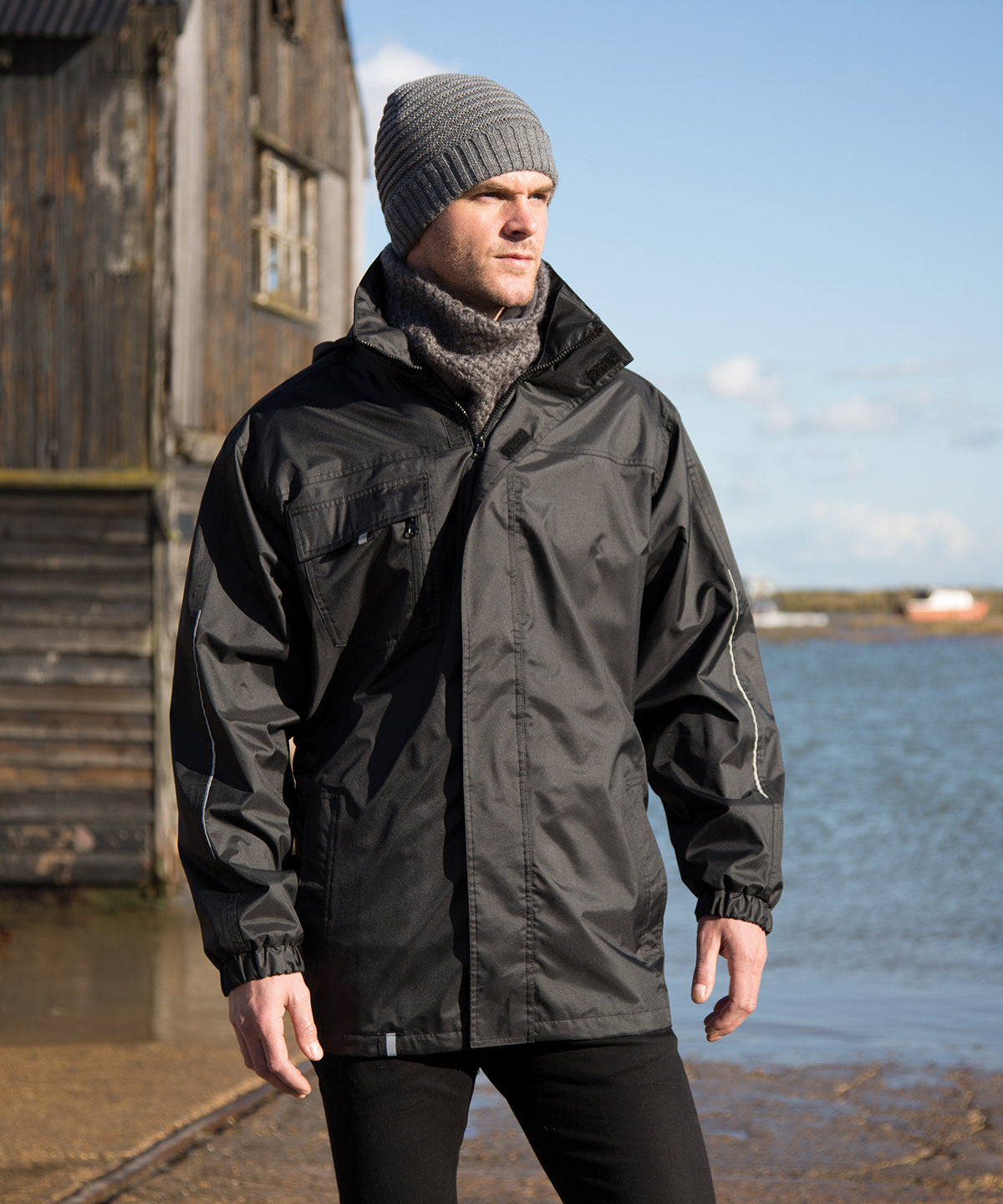 Navy 3-in1 core transit jacket with printable softshell inner front view