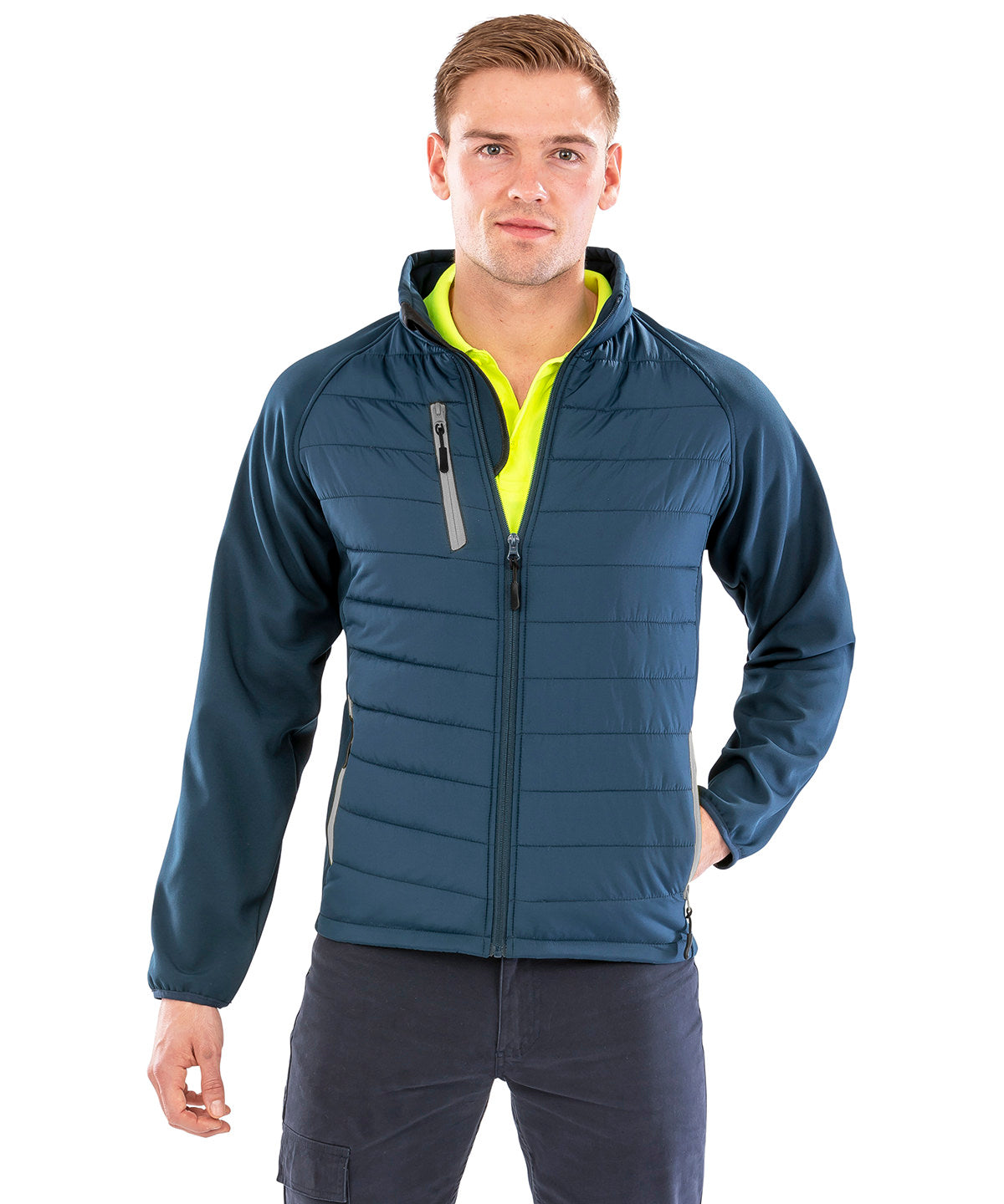 Navy/Yellow compass padded softshell jacket front view