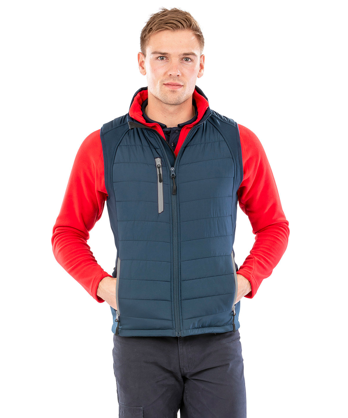 Navy/Yellow compass padded softshell gilet front view