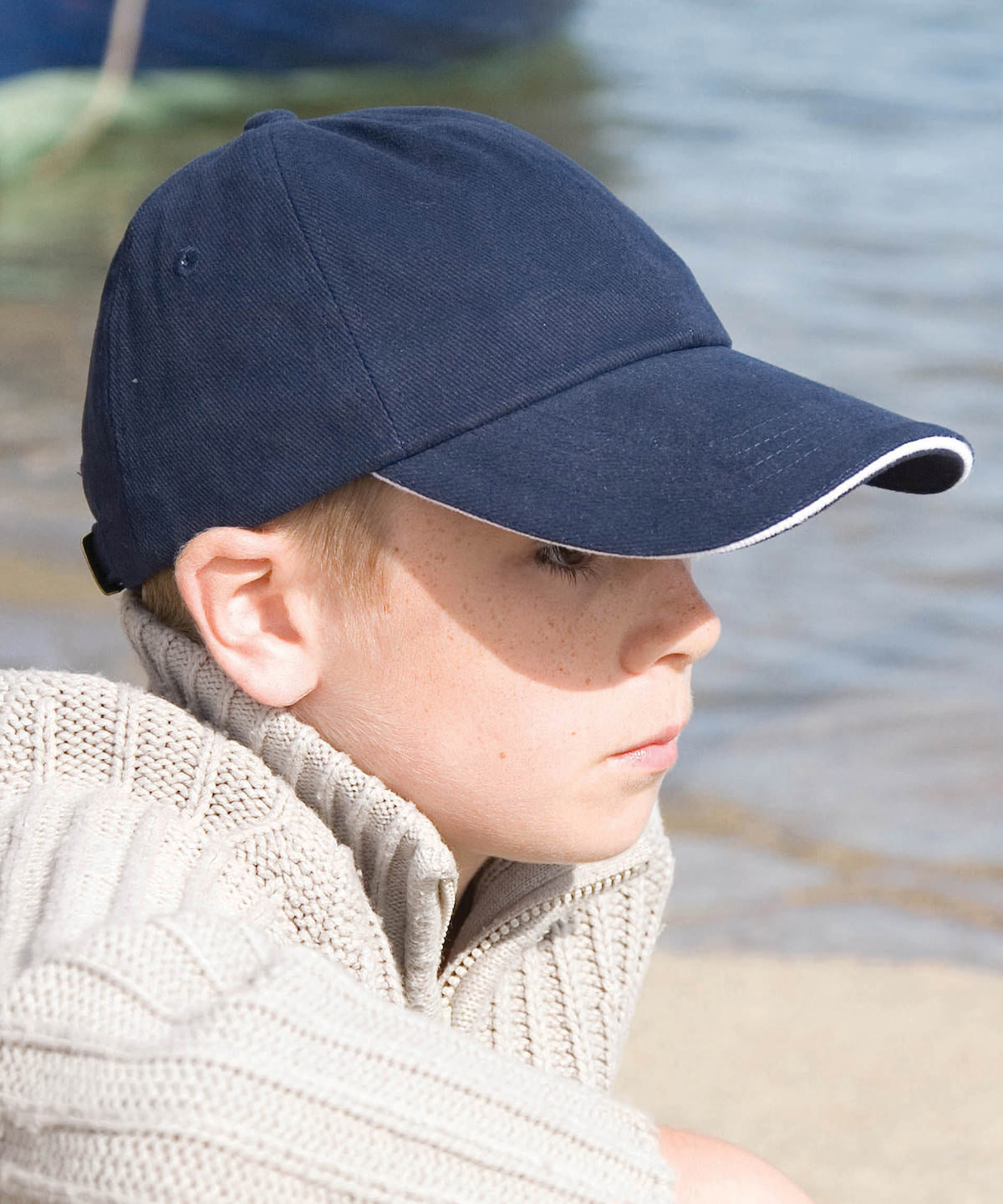 Navy/White junior low-profile heavy brushed cotton cap with sandwich peak front view