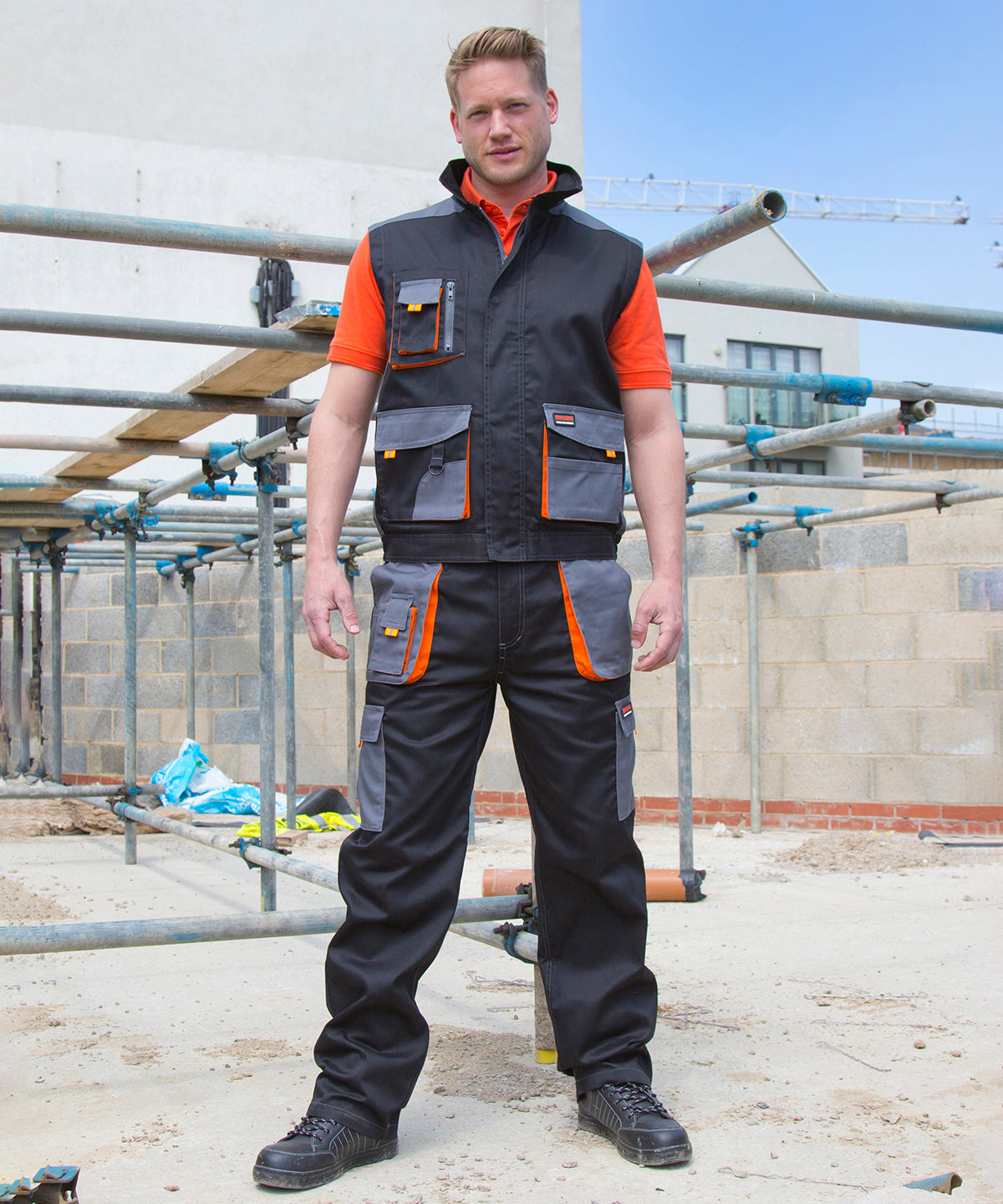 Black/Grey/Orange work-guard lite trousers front view