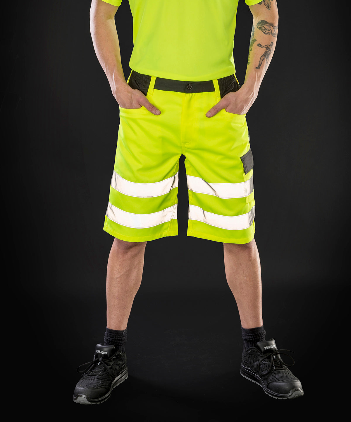 Yellow safety cargo shorts front view