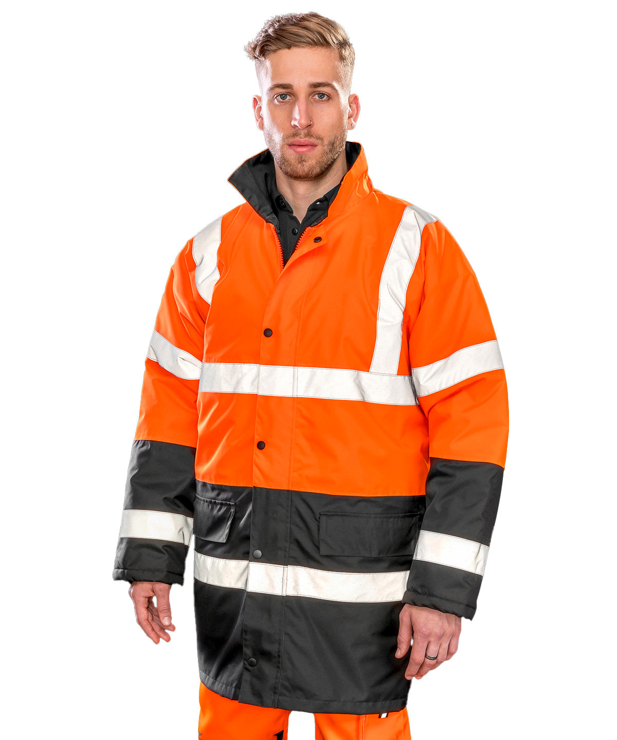 Fluorescent Yellow/Black motorway two-tone safety coat front view