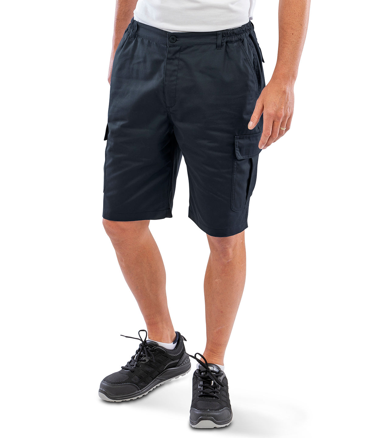 Navy recycled work-guard utility shorts front view