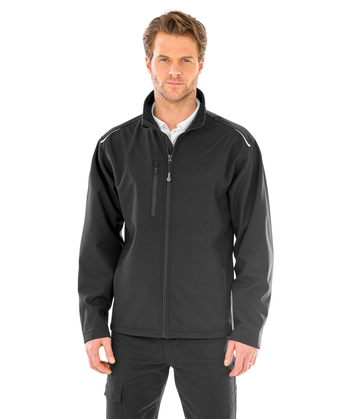 Navy recycled 3-layer printable softshell jacket front view