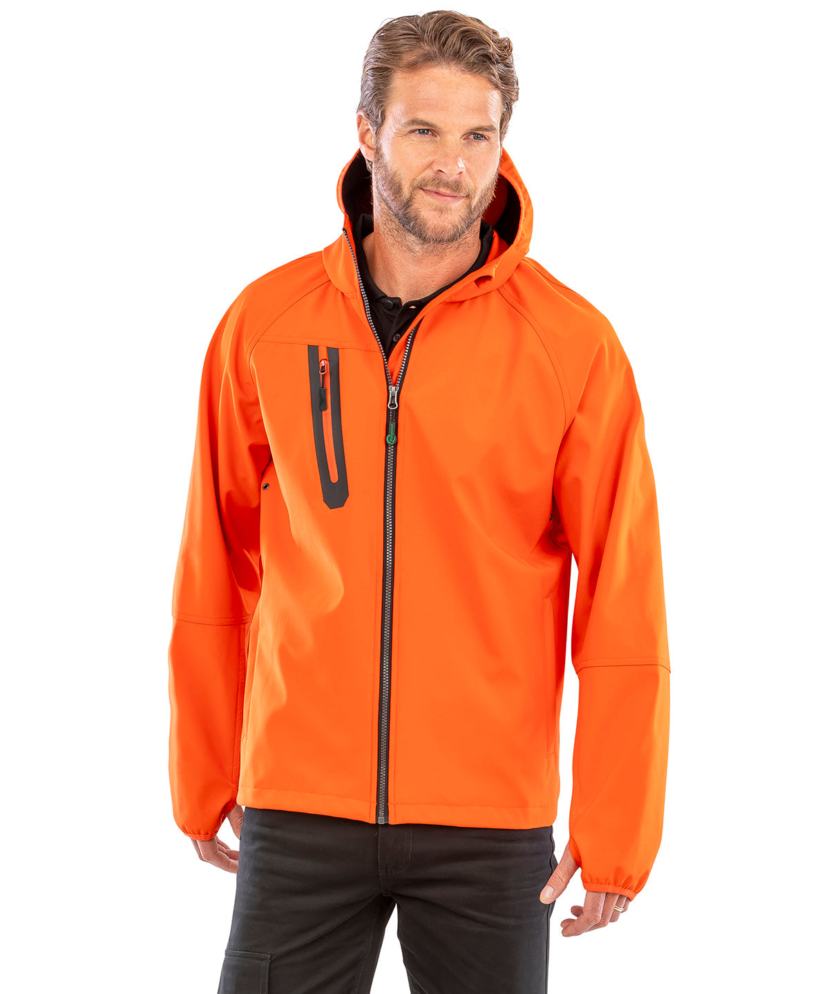 Orange/Navy 3-layer recycled printable casual hooded softshell front view