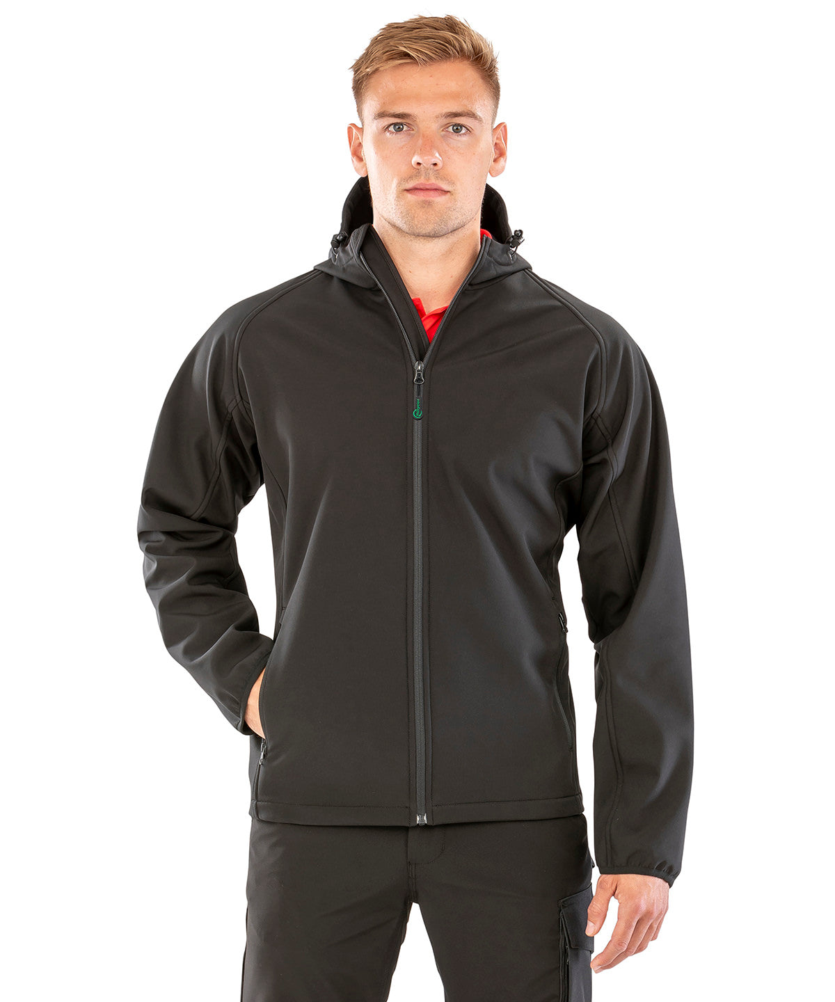 Black recycled 3-layer printable hooded softshell front view