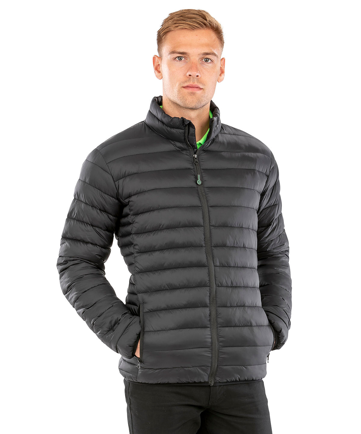 Navy recycled padded jacket front view