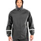 Navy prism pu waterproof jacket with reflective bands and recycled backing front view