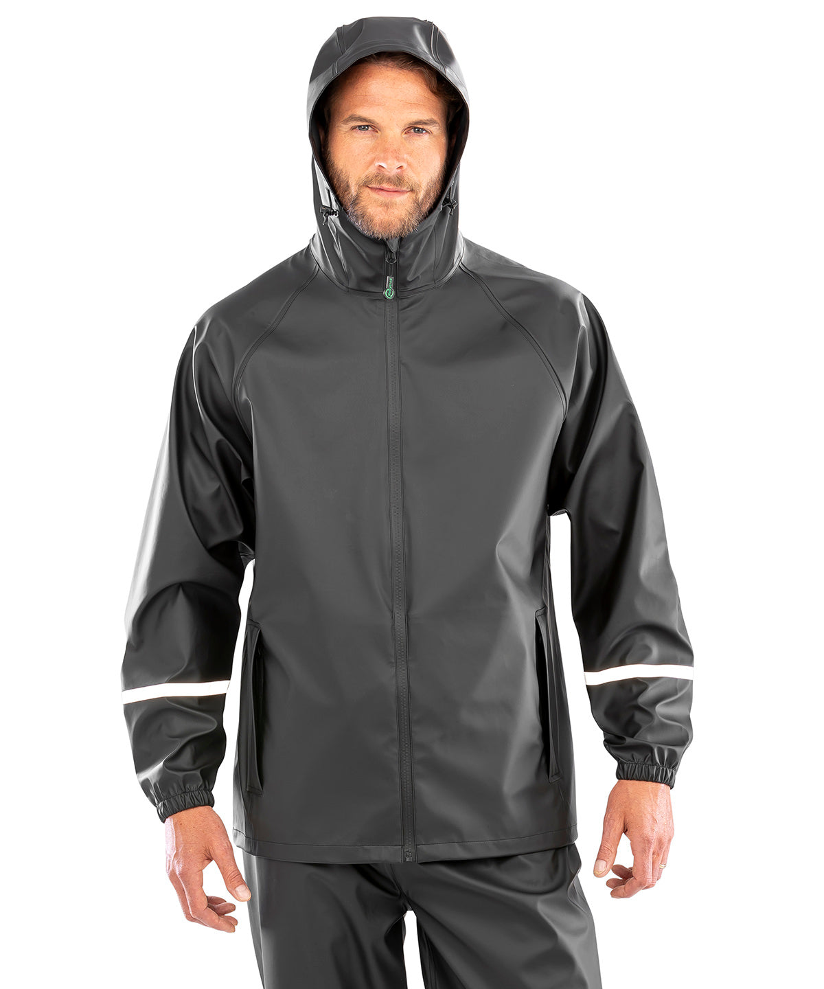 Navy prism pu waterproof jacket with reflective bands and recycled backing front view