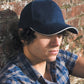 Navy/Natural pro-style heavy cotton cap with sandwich peak front view