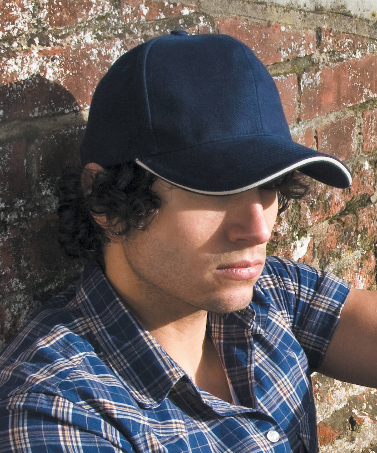 Navy/Natural pro-style heavy cotton cap with sandwich peak front view