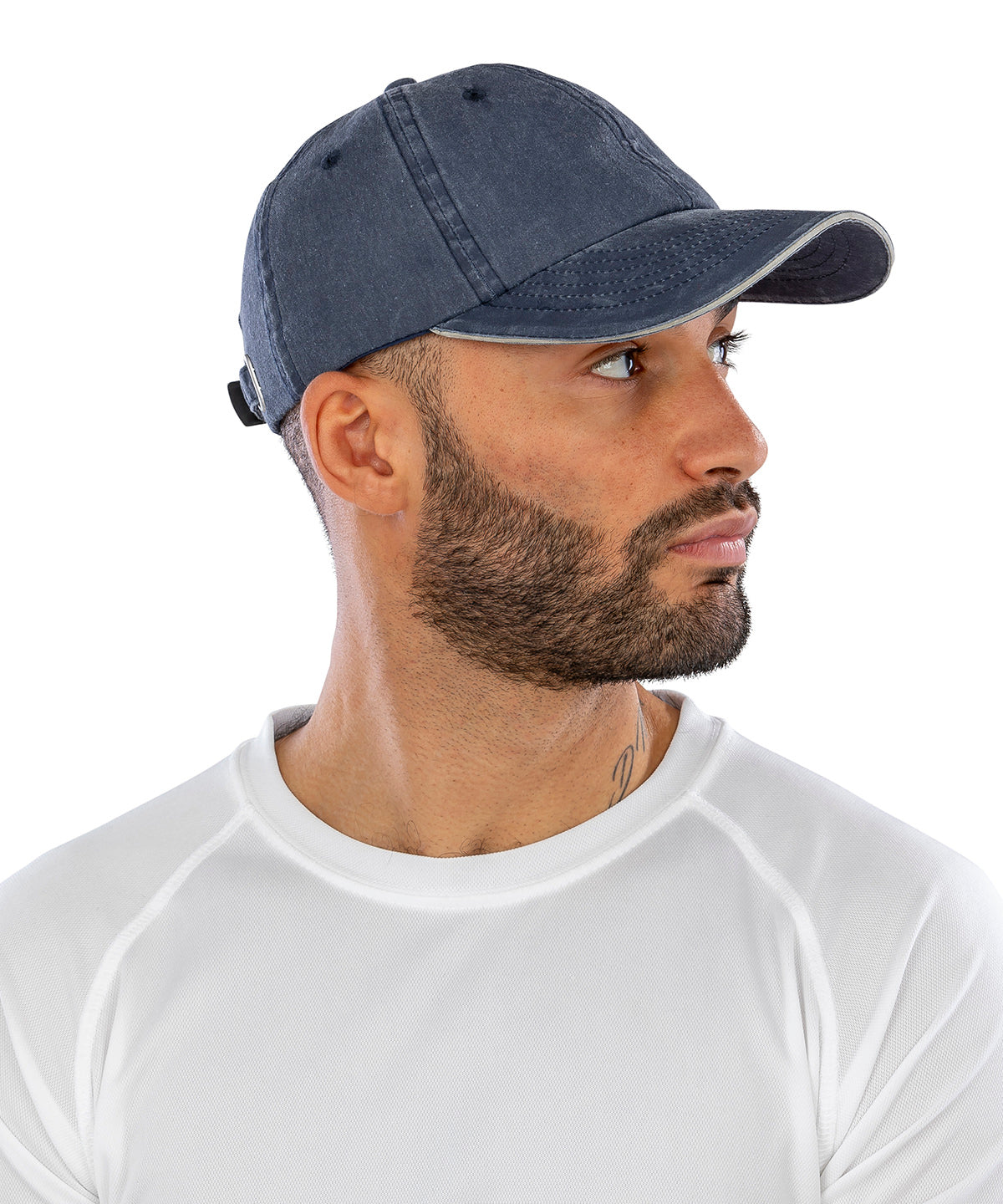 Putty/Navy washed fine line cotton cap with sandwich peak front view