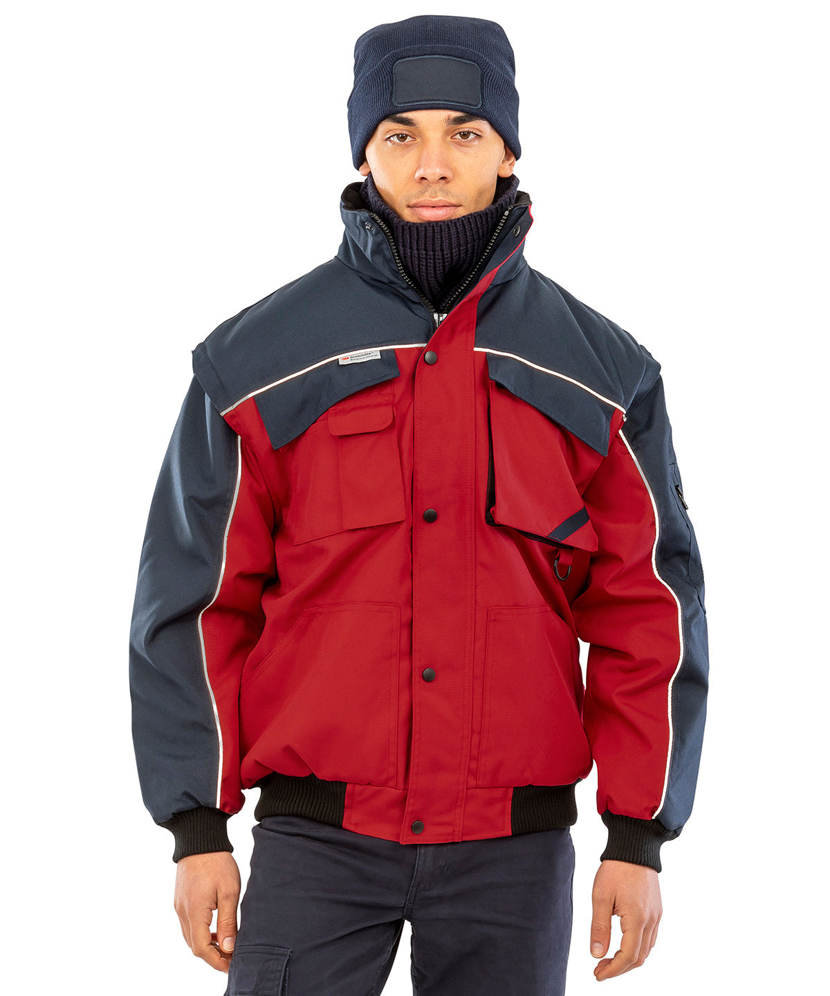 Red/Navy work-guard zip sleeve heavy-duty pilot jacket front view