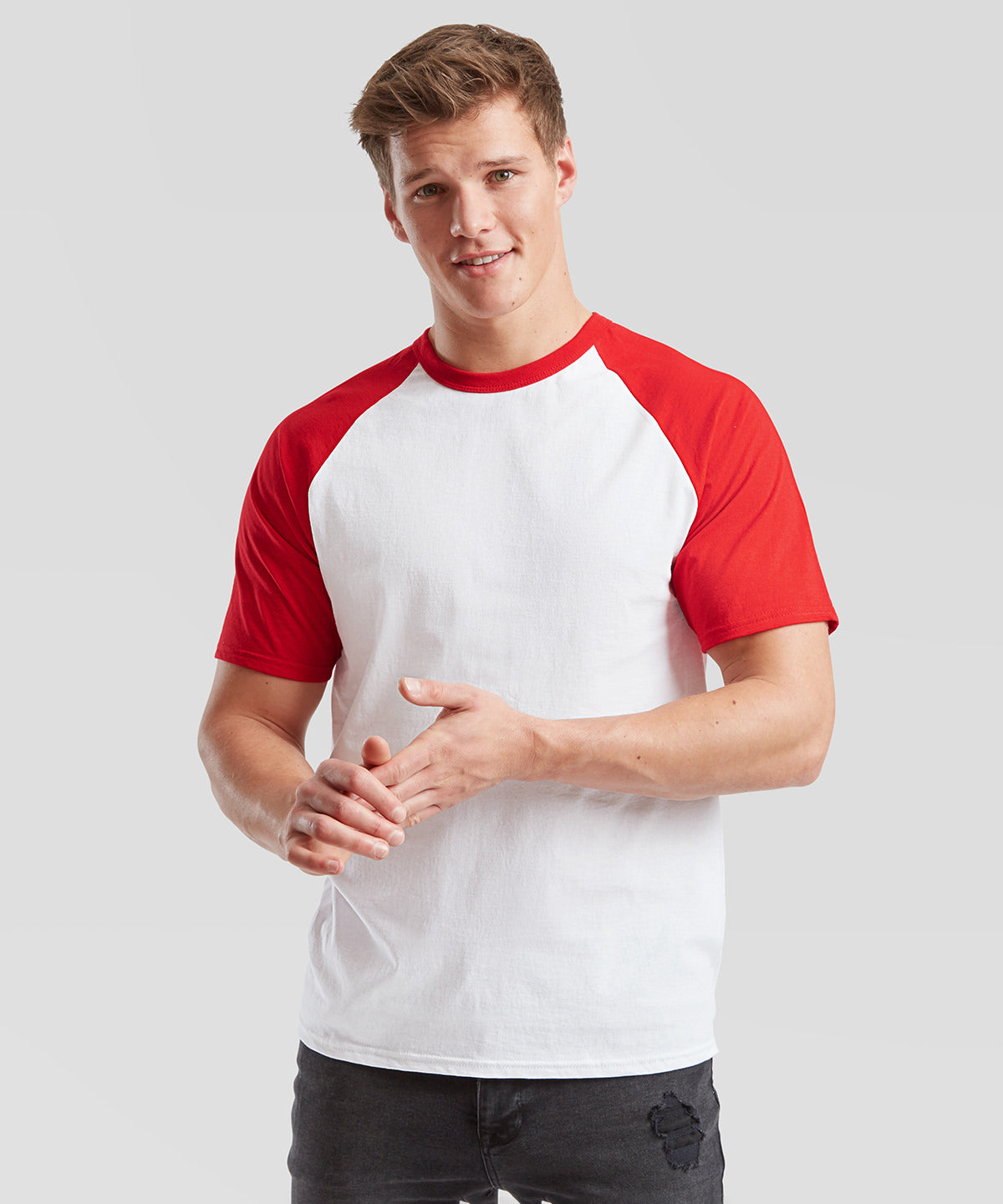 White/Red* short sleeve baseball t front view