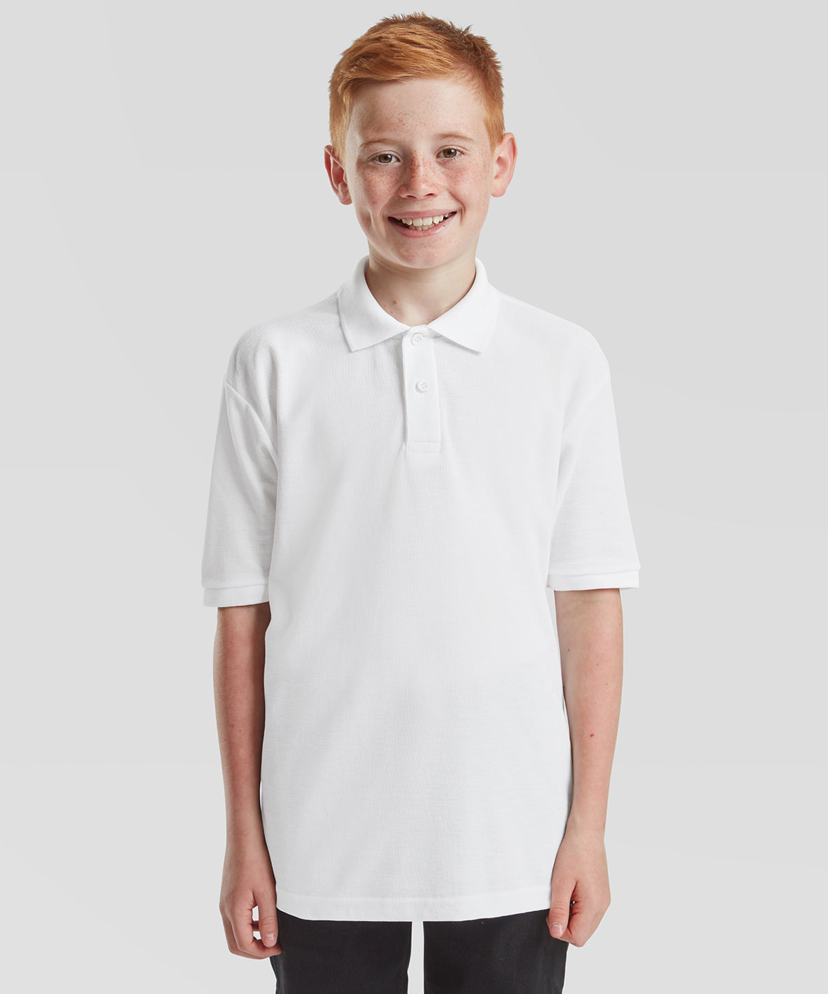 White kids 65/35 piqué polo front view